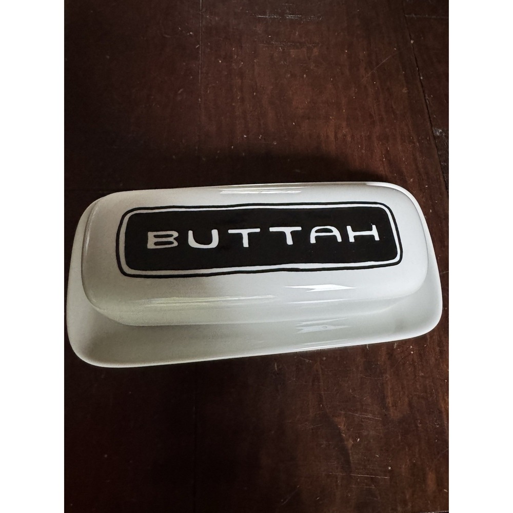 Fishs Eddy BUTTAH Butter Dish Brooklynese Kristina Sacci Black White Stoneware